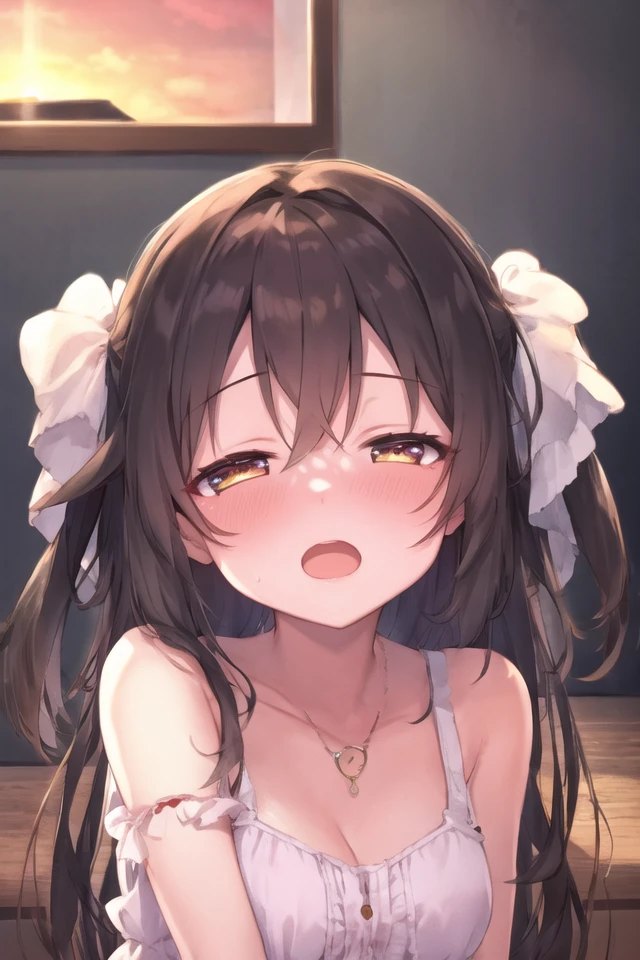 1girl, solo, masterpiece, best quality, unity 8k wallpaper, illustration, ultra-detailed, <lora:torogao_v3-000010:1.4>, full-face blush, indoors, sunset,