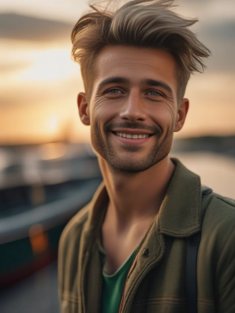 (Gorgeous Photo:1.3) of (Ultra detailed:1.3), (photorealistic:1.7),( realistic:1.7),
RAW photo, 8k UHD, high detailed skin, handsome german hippie, 32yo, bavarian man, green eyes, rule of thirds, masterpiece, photography, ultra realism, realistic, outdoors, golden hour, portrait, smiling, grey short hair, rocker style, DoF, (Hamburg:1.1), harbor, sky, clouds, soft lighting, ( highly detailed skin:0.7),(film grain:1.3), 8k uhd, dslr, soft lighting, high quality, HDRI, Fujifilm XT3