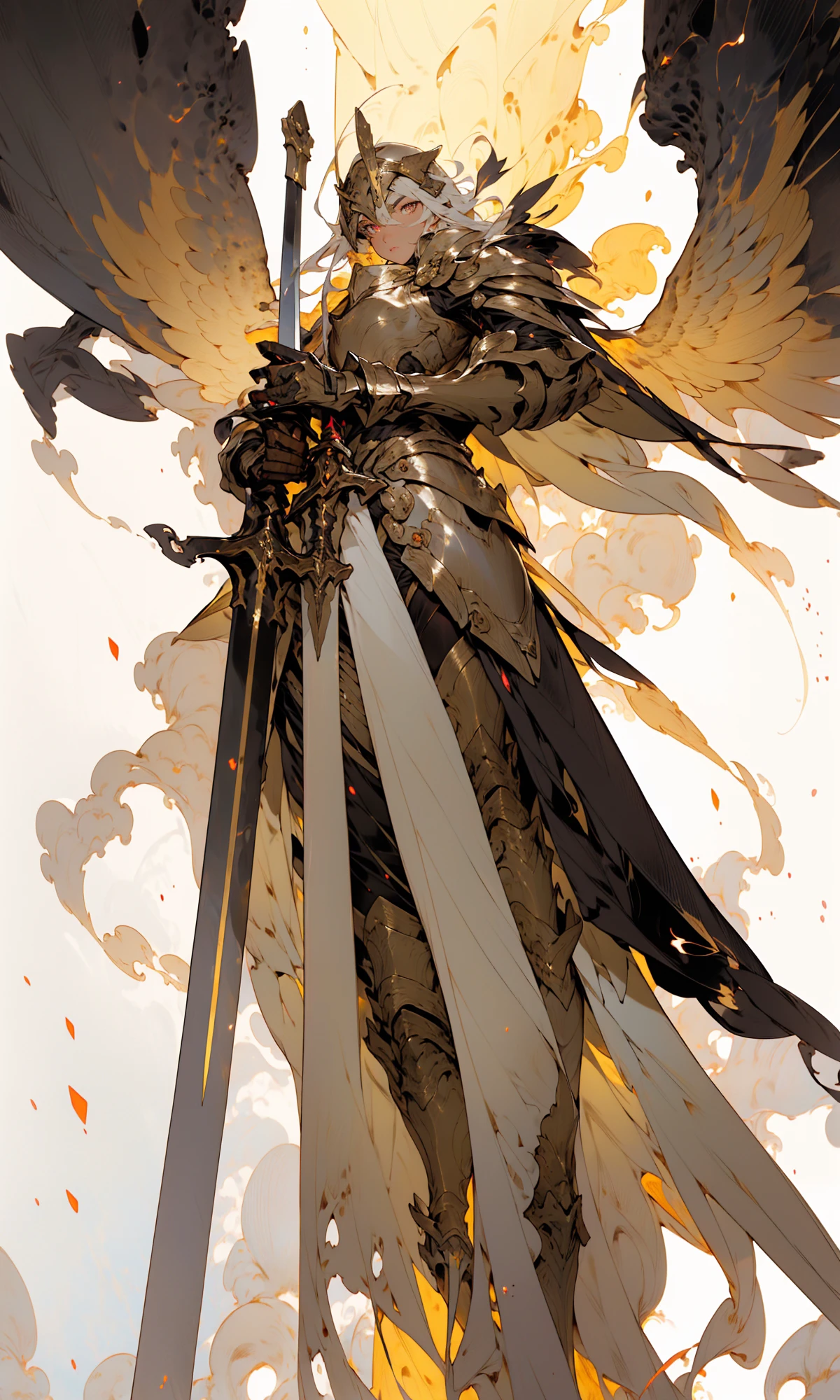 faulds,black background, sky, cloudy sky,
glowing eyes,very long hair, floating hair,
winged helmet, valkyrie, knight, armor, spread wings, torm clothes, <lora:angel_20230818185537:1>