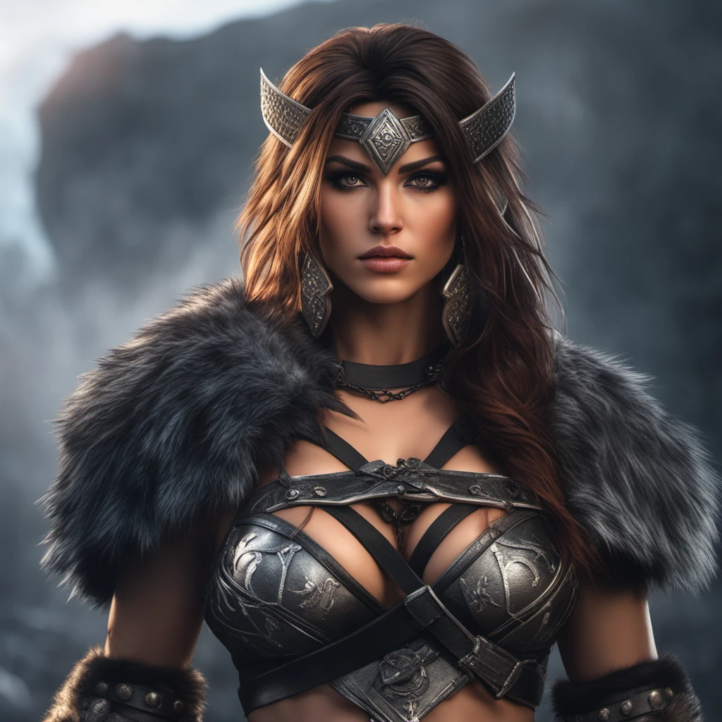 photo realistic, ultra details, natural light ultra detailed portrait of a female barbarian, ((barbarian female face volumetric fog)), Hyperrealism, breathtaking, ultra realistic, ultra detailed, cyber background, cinematic lighting, highly detailed, breathtaking, photography, stunning environment, wide-angle,photo realistic, ultra details, fancy black bra,fancy belt,((dynamic pose)),
