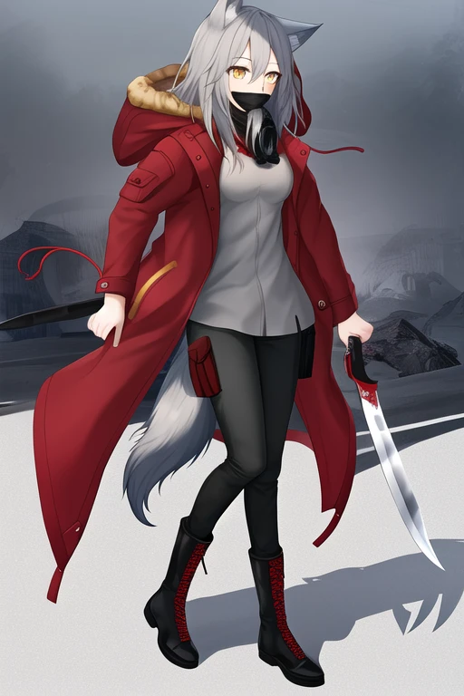 masterpiece, best quality, highres, 1girl, solo, {projekt_red_arknights:1.10}, animal_ears, wolf_ears, grey_hair, hair_between_eyes, fur_trim, wolf_girl, yellow_eyes, bangs, long_hair, holding, black_pants, holding_knife, hood, hooded_jacket, jacket, knife, long_sleeves, open_clothes, pants, red_jacket, weapon, looking_at_viewer, boots, coat, fur-trimmed_hood, tail, wolf_tail, black_footwear, dress, full_body, red_coat, holding_weapon, hood_up, cross-laced_footwear, grey_dress, shirt, mask, breasts, hooded_coat, mask_around_neck, open_jacket