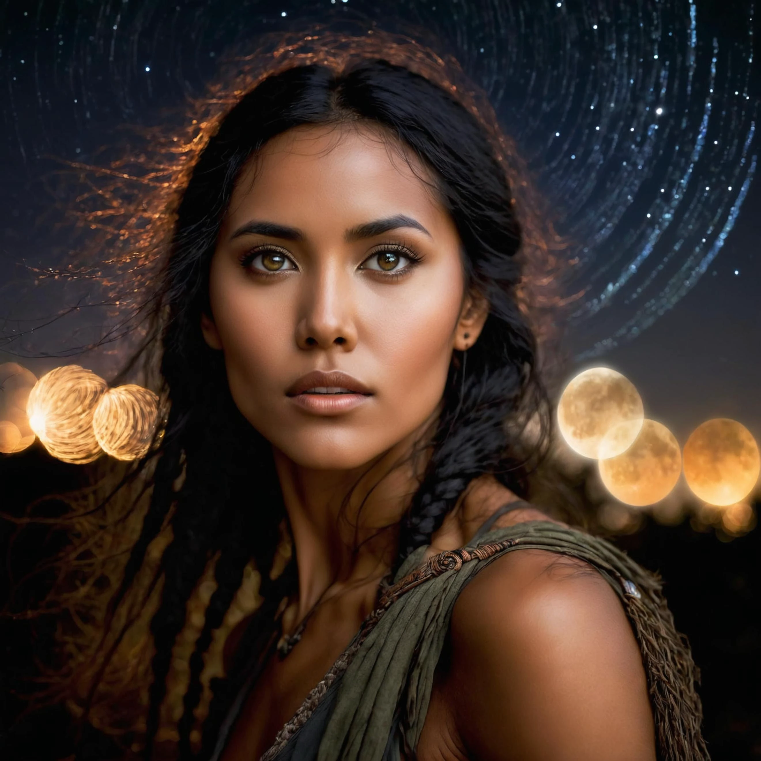 Long exposure photo of awardwinning photography, a vae_druid_woman is looking into the night sky, detailed face, high quality photography, 3 point lighting, flash with softbox, 4k, Canon EOS R3, hdr, smooth, sharp focus, high resolution, award winning photo, 80mm, f2.8, bokeh . Blurred motion, streaks of light, surreal, dreamy, ghosting effect, highly detailed
