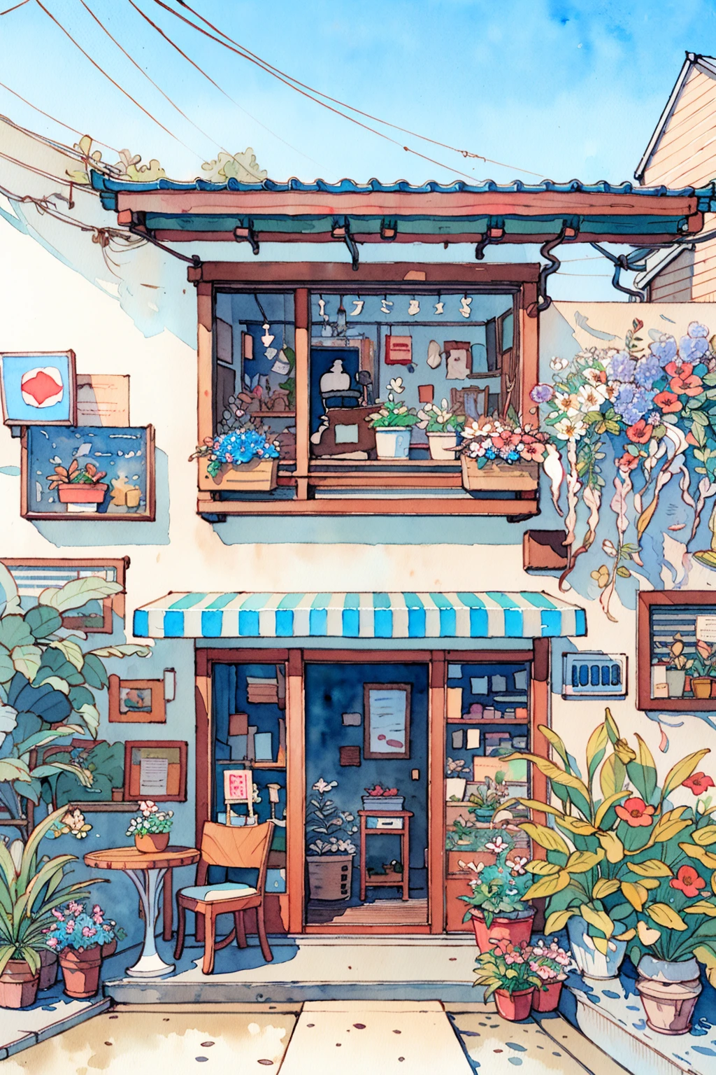 Flower store, coffee spot, tables, chairs, no one, windows, flowers, plants, potted plants, watercolor (medium), landscapes, doors, air conditioning, paintings (medium), traditional media, houses, outdoors, balconies, architecture,  <lora:Pastel color:0.85>