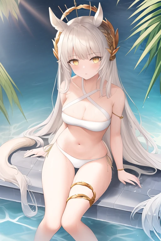 masterpiece, best quality, highres, solo, {platinum_arknights:1.10}, animal_ears, long_hair, bangs, white_hair, horse_ears, animal_ear_fluff, very_long_hair, yellow_eyes, navel, midriff, brown_eyes, 1girl, bare_shoulders, bikini, horse_girl, horse_tail, laurel_crown, official_alternate_costume, swimsuit, tail, white_bikini, criss-cross_halter, looking_at_viewer, sitting, stomach, thighs, water, bandeau, breasts, halterneck, hand_up