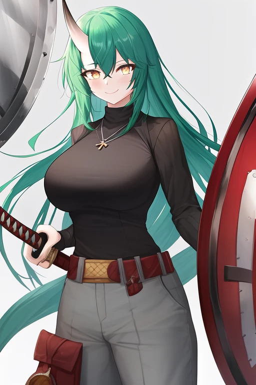 masterpiece, best quality, highres, 1girl, solo, {hoshiguma_arknights:1.10}, green_hair, horns, single_horn, long_hair, oni_horns, breasts, yellow_eyes, bangs, hair_between_eyes, holding, large_breasts, very_long_hair, alternate_costume, long_sleeves, official_alternate_costume, shirt, black_shirt, mask, weapon, oni_mask, sword, pants, shield, belt, jewelry, necklace, holding_weapon, katana, looking_at_viewer, holding_sword, cowboy_shot, holding_shield, grey_pants, smile