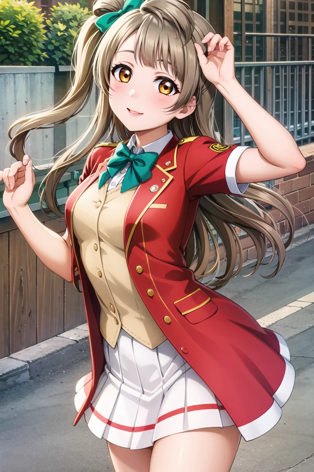 (masterpiece, best quality, ultra-detailed), (illustration), (beautiful detailed eyes), (1girl), (solo),  minami kotori, long hair, yellow eyes, bangs, hair bow, green bow,  <lora:KotoriLL_v2.1:0.65>,
 skirt, jacket,  short sleeves, pleated skirt, miniskirt, bowtie, red bow, white skirt, red bowtie, red jacket, outdoors, cowboy shot,