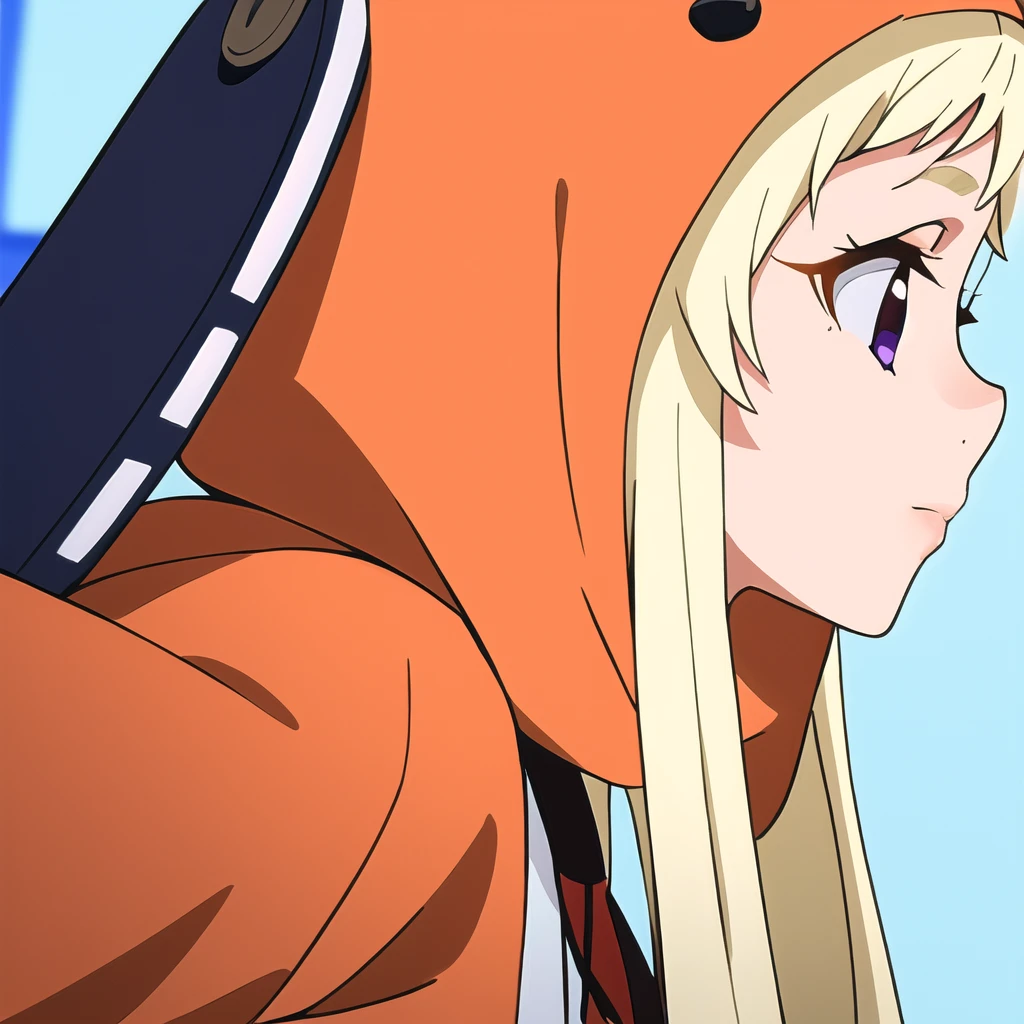 best quality, masterpiece, ultra-detailed, 1 girl, solo, yomozuki runa, blonde hair, purple eyes, long hair, kigurumi, school uniform, black animal ears, sideview