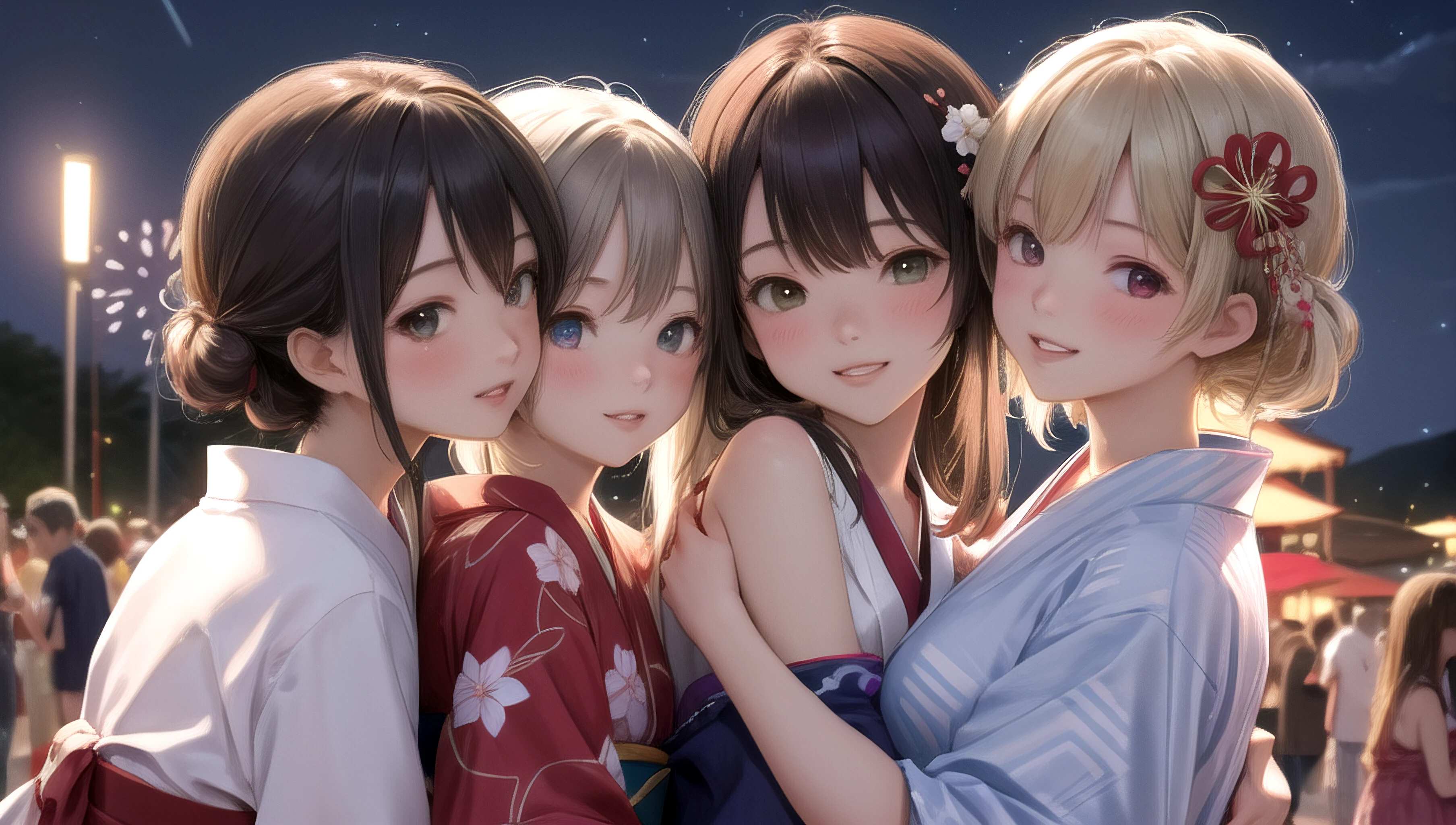 (masterpiece, best quality, absurdres, high details, perfect),  4girls, multiple girls, alternate breast size, height difference, alternate eye color, alternate hair color, alternate hair length, alternate hair color, alternate skin color, upper body, group hug, yuri, sexually suggestive,  looking at viewer, happy, parted lips, smile, night, night sky, summer festival, aerial fireworks, japanese clothes, yukata,