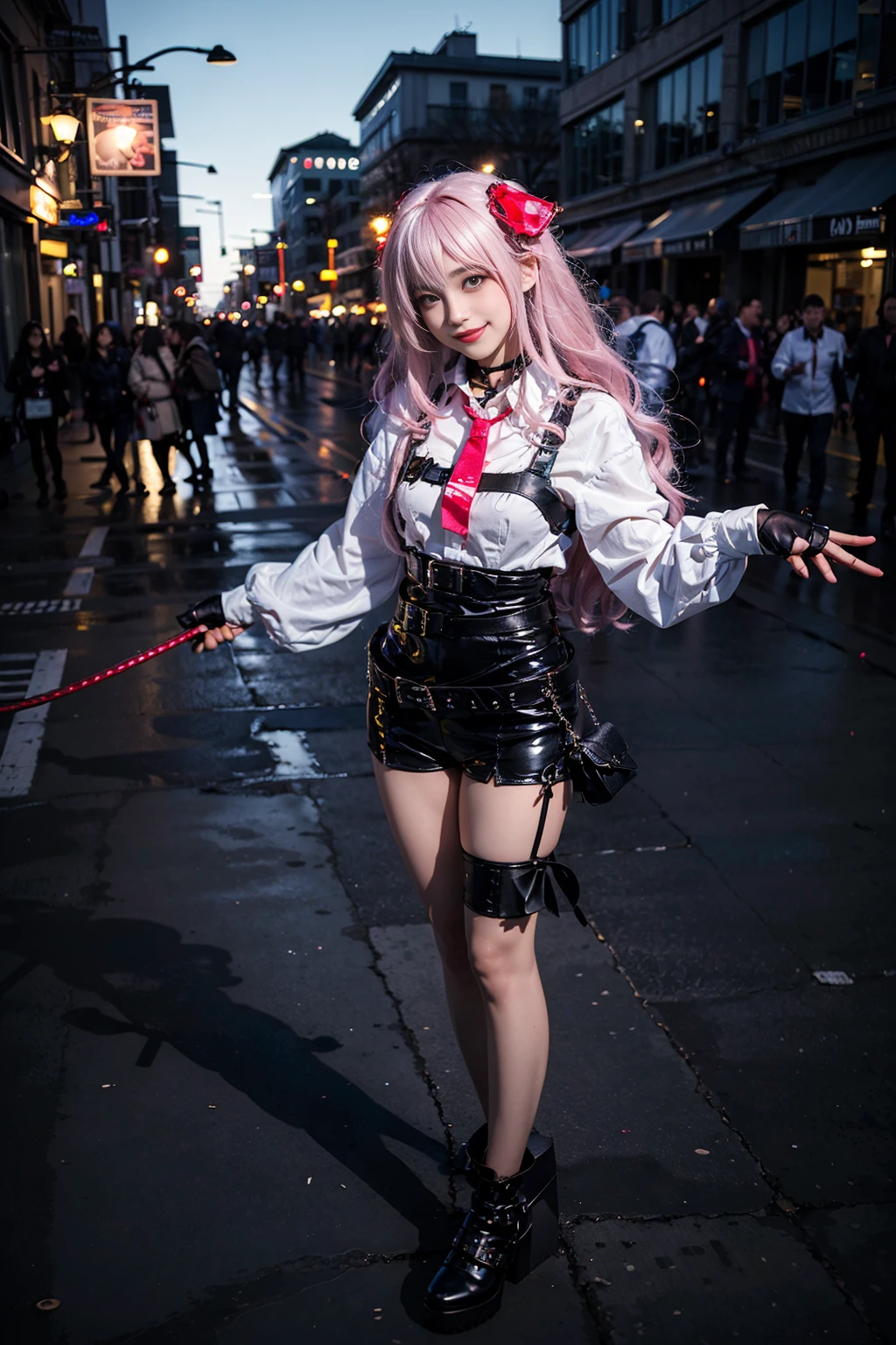 best quality, masterpiece, realistic, (photorealistic:1.4), 1girl, solo, full body, smile, yuni cosplay costume, cosplay, necktie, belt, thigh strap, fingerless gloves, black footwear, detailed background, standing, in street, night, <lora:nikke_yuni_cosplay_costume_v1:0.65>