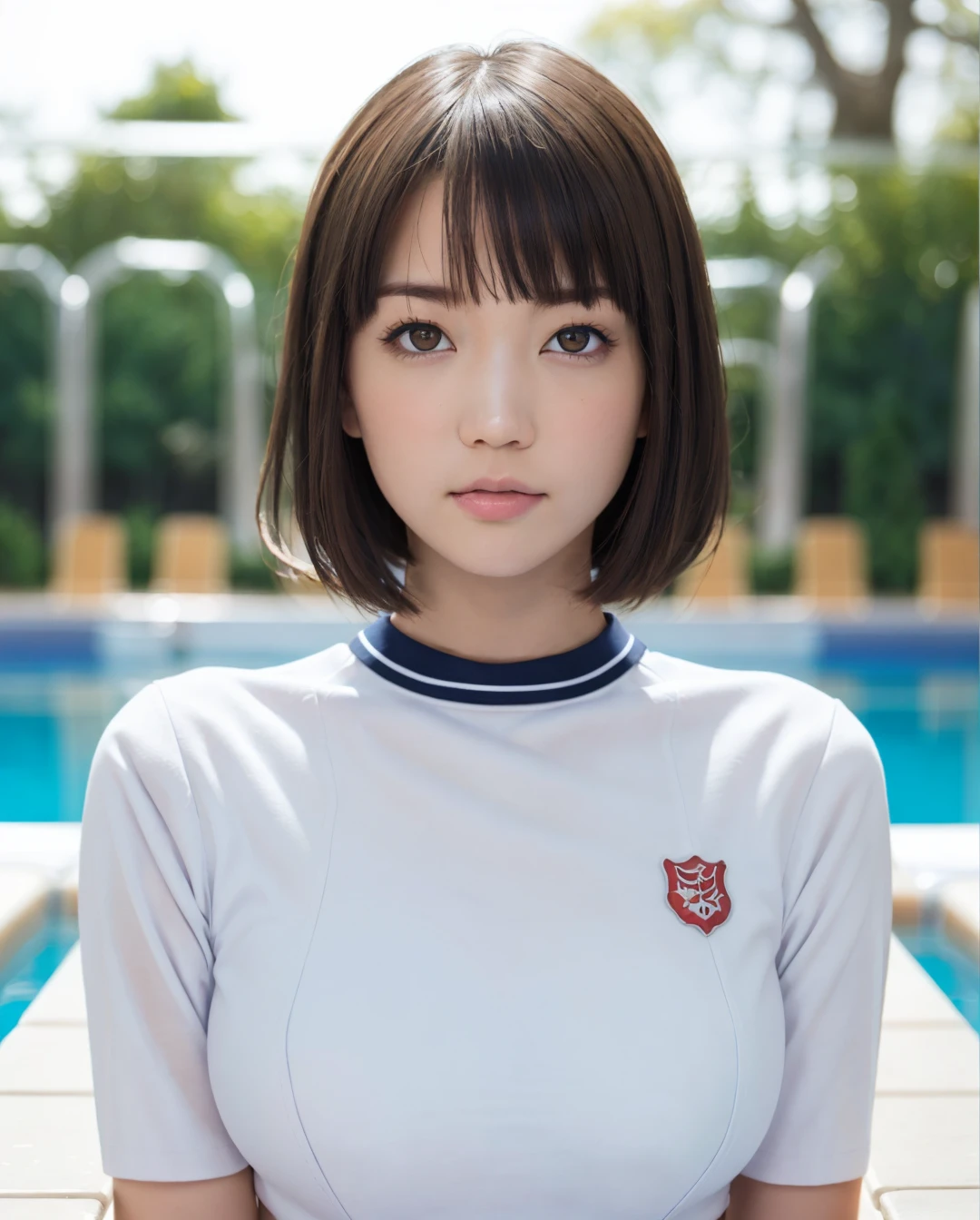 best quality, photorealistic, 8k, high res, full color, 1girl, woman, 20 years old woman, (closed mouth:1.48), (skindentation), (portrait:0.6), trees, daylight, ((poolside background:1.52)), full color, ((school sailor uniform:1.38)), looking at viewer:1.8, (1girl eyes looking at viewer:1.55), (short hair, brownhair), (bokeh), <lora:AAV-koharu2:0.64>