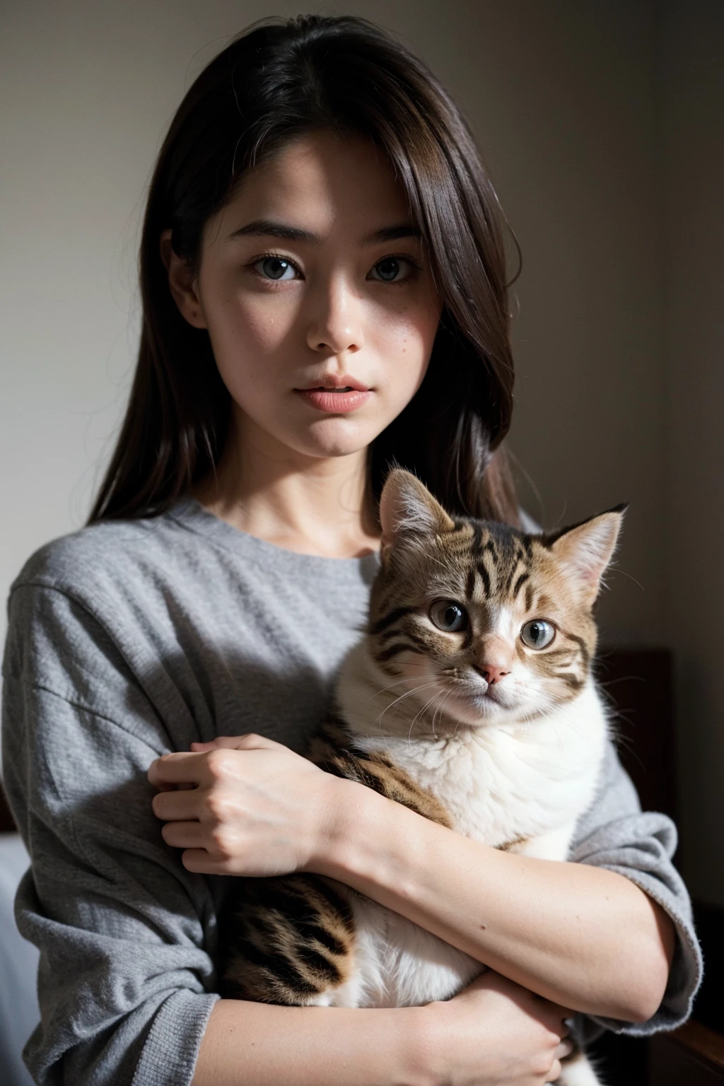 (high quality:1.3), (photo realistic:1.2), (girl holding cute little cat:1.2),
