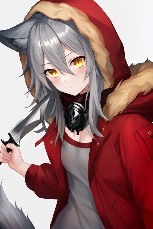 masterpiece, best quality, highres, 1girl, solo, {projekt_red_arknights:1.10}, animal_ears, wolf_ears, grey_hair, hair_between_eyes, fur_trim, wolf_girl, yellow_eyes, bangs, long_hair, holding, fur-trimmed_hood, holding_knife, hood, hooded_jacket, jacket, knife, long_sleeves, looking_at_viewer, red_jacket, upper_body, holding_weapon, hood_up, weapon, open_clothes, open_jacket, shirt, dagger, mask, mask_around_neck