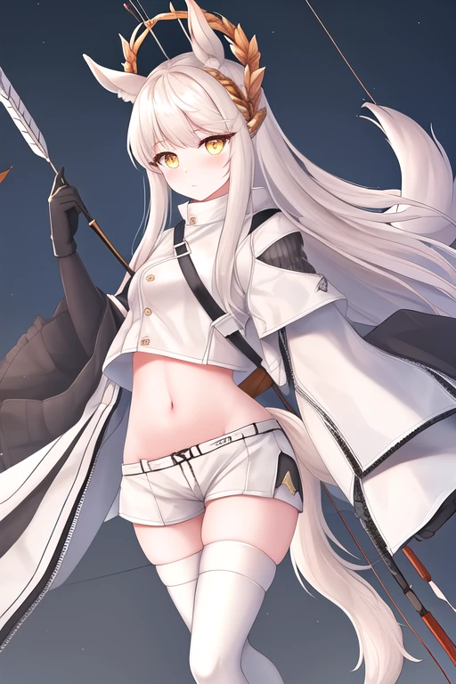 masterpiece, best quality, highres, solo, {platinum_arknights:1.10}, animal_ears, long_hair, bangs, white_hair, horse_ears, animal_ear_fluff, very_long_hair, yellow_eyes, navel, midriff, brown_eyes, 1girl, arrow_\(projectile\), black_gloves, bow_\(weapon\), gloves, holding, holding_bow_\(weapon\), holding_weapon, short_shorts, shorts, weapon, white_shorts, jacket, tail, thighhighs, black_thighhighs, boots, long_sleeves, black_footwear, horse_tail, standing, horse_girl, white_jacket, elbow_gloves, looking_at_viewer, white_cloak, wide_sleeves