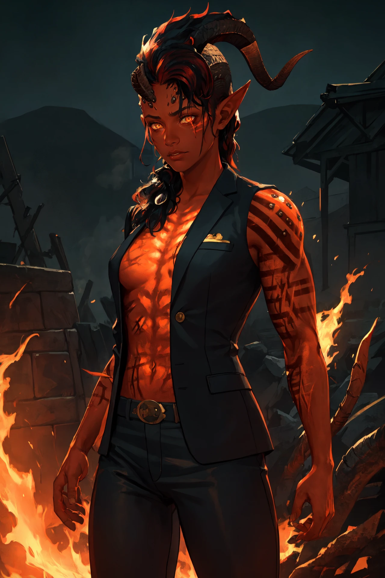 (masterpiece, best quality), outdoors, dark, misty, burning village, evening, cowboy shot, 1girl, solo, Karlach, demon girl, colored skin, red skin, scars, slit pupils, <lora:Karlach_V1-Manityro-Dadapt:1.0>, blazer, suit pants