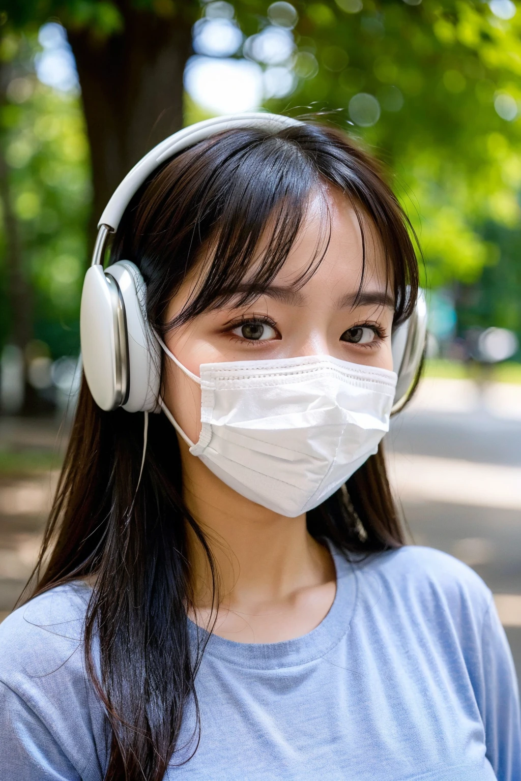 (best quality:1.4), (ultra highres:1.2), (photorealistic:1.4), (8k, RAW photo:1.2),(portrait shot:1.3), airpods_max, headphones, 1girl, solo, looking at viewer, long hair, upper body, brown hair, outdoors, mask, mouth mask, long sleeves, <lora:airpods_max-000002:0.6>