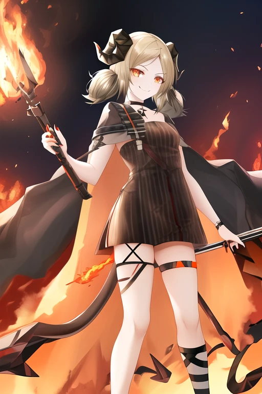 masterpiece, best quality, highres, solo, {ifrit_arknights:1.10}, horns, blonde_hair, twintails, orange_eyes, short_hair, demon_horns, choker, black_choker, smile, fire, 1girl, black_footwear, dress, full_body, looking_at_viewer, short_dress, thigh_strap, toeless_footwear, toenail_polish, toenails, weapon, cloak, holding, holding_weapon, nail_polish, oripathy_lesion_\(arknights\), standing, striped, striped_dress, tail, white_cloak, orange_nails, black_dress, demon_girl, parted_bangs