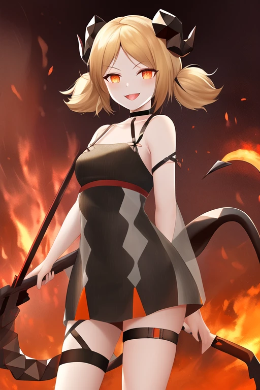 masterpiece, best quality, highres, solo, {ifrit_arknights:1.10}, horns, blonde_hair, twintails, orange_eyes, short_hair, demon_horns, choker, black_choker, smile, fire, 1girl, dress, holding, holding_weapon, weapon, tail, looking_at_viewer, black_dress, cowboy_shot, open_mouth, short_dress, thigh_strap