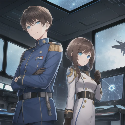 a young adult boy and girl high ranking officers standing on a space battleships bridge wearing a military uniform. He has short brown hair and she has short shair with a braid. His uniform has 5 stars on it with her's having 4 stars., blue eye, scifi, blue and white military uniform , black gloves, computers, holograms, space station, window to space, spaceship background, 2boys, twins, ultra detailed, science fiction, cyberpunk, insignia, illustration, glowing blue eyes, computer room, military, headphones