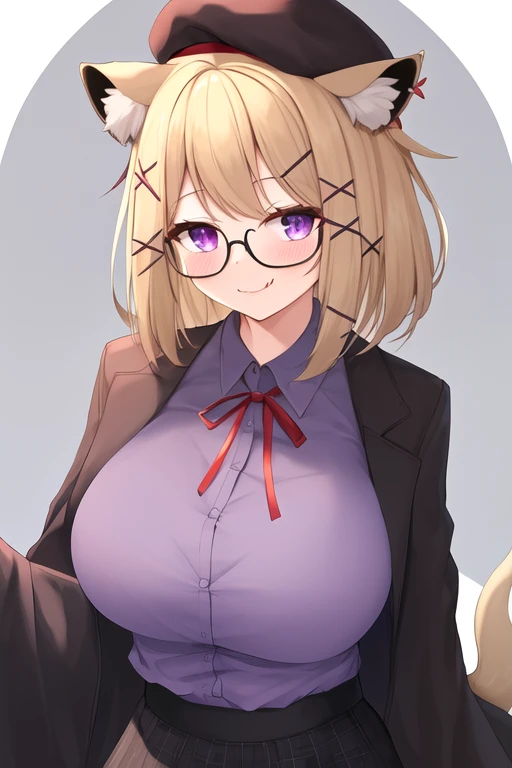 masterpiece, best quality, highres, solo, {utage_arknights:1.10}, animal_ears, purple_eyes, breasts, animal_ear_fluff, hair_ornament, bangs, smile, large_breasts, hairclip, short_hair, tail, blush, fang, brown_hair, skin_fang, x_hair_ornament, blonde_hair, huge_breasts, 1girl, black_jacket, glasses, jacket, long_sleeves, neck_ribbon, official_alternate_costume, open_clothes, open_jacket, red_ribbon, ribbon, shirt, upper_body, hat, beret, black_headwear, looking_at_viewer, simple_background, black_shirt, black_skirt, closed_mouth, purple_shirt, white_background