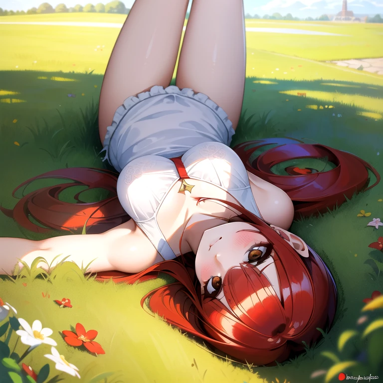 A full body portrait of a red-haired girl with green eyes lying on a beach, in a magical film. The beach is a fantastical place with gentle waves, lush greenery. The girl is cute slim nice, nude, spread legs and dildo insert in ass, cum, cuming, standing, jumping, perfect small pussy, pink pussy, wet creamy pussy. Puffy nipples, Her hair is loosely braided, cute face smile orgasm expression. The sky features soft, pastel colors and fluffy clouds, creating a serene, dreamlike atmosphere. The overall effect is enchanting, filled with magic and wonder.