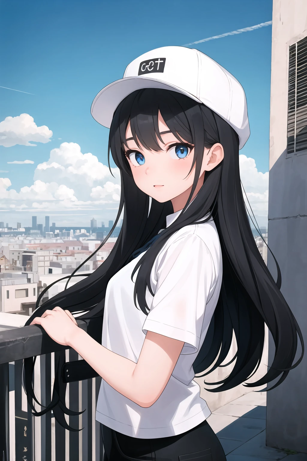 best quality, 1girl, long black hair, blue eyes, hat, city, [people], [houses], blue sky, looking at viewer