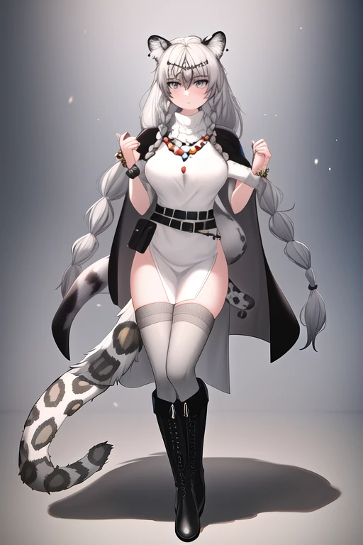 masterpiece, best quality, highres, solo, {pramanix_arknights:1.10}, long_hair, animal_ears, braid, leopard_ears, animal_ear_fluff, grey_eyes, twin_braids, bangs, jewelry, tail, white_hair, necklace, leopard_tail, grey_hair, very_long_hair, bell, holding, belt, breasts, hair_between_eyes, 1girl, dress, grey_thighhighs, looking_at_viewer, thighhighs, white_dress, black_footwear, boots, fur-trimmed_boots, knee_boots, side_braids, turtleneck_dress, black_cape, cape, fur_trim, pelvic_curtain, bead_necklace, beads, black_belt, full_body, standing, turtleneck