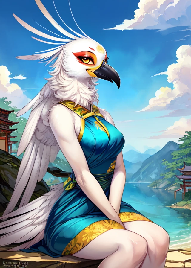 uploaded on e621, (by Sandra Chevrier, by Katsushika Hokusai, by Lawyerdog, by Alphonse Mucha),
solo female ((anthro secretary bird)) with ((white body, hourglass figure)) ans (long beak) and ((clear yellow eyes, red eyeshadow)),
((wear cayn blue east asian clothing, chinese floral cayn blue dress)), (small breasts), ((detailed fluffy fur)),
((looking at viewer, half-length portrait, three-quarter view, crossed legs)),
BREAK,
((sitting at temple with cloud and water)), (east asian mythology, sky, snuset),
(digital painting \(artwork\), photoshop \(medium\), painttool sai \(medium\):1.3), (watercolor \(artwork\)),
[explicit content, questionable content], (masterpiece, best quality, 4k, 2k, shaded, absurd res)