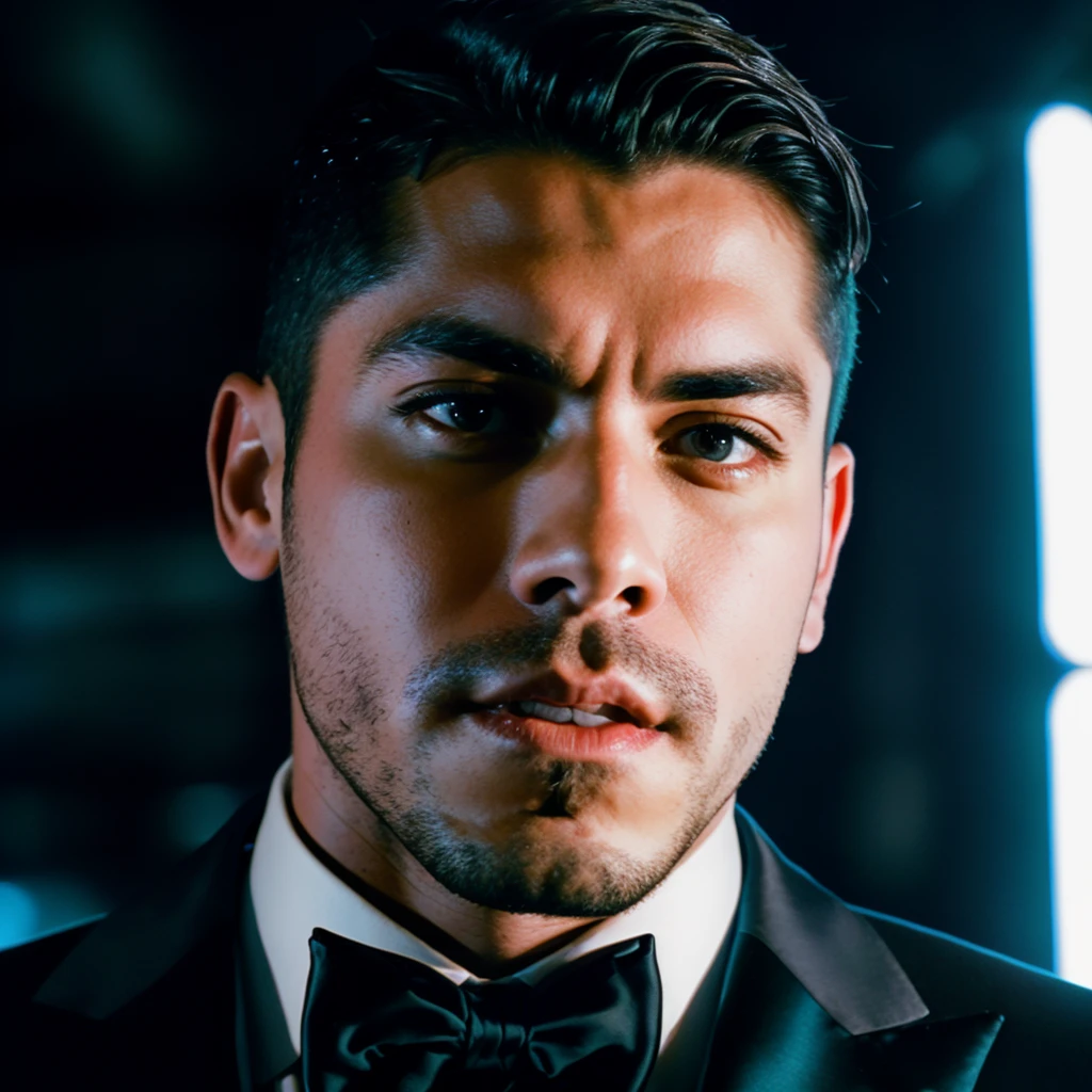 face portrait of mikefit person using a tuxedo, in blade runner, professional photography, high resolution, 4k, detailed photo, <lora:mikefit_29700:1>