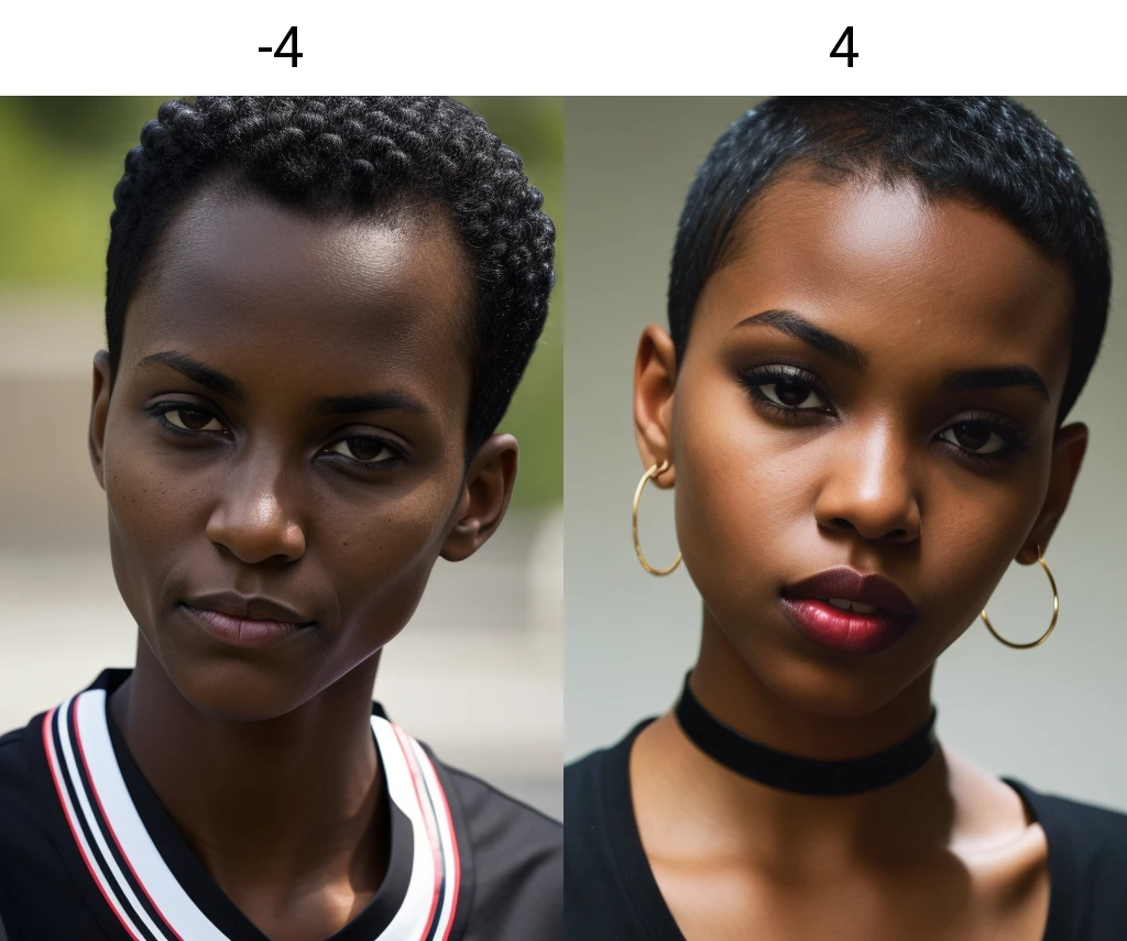 black woman, close-up, black shorts, black shirt, buzzcut, looking at viewer, low sharpness<lora:lip_slider_v2:-4>
