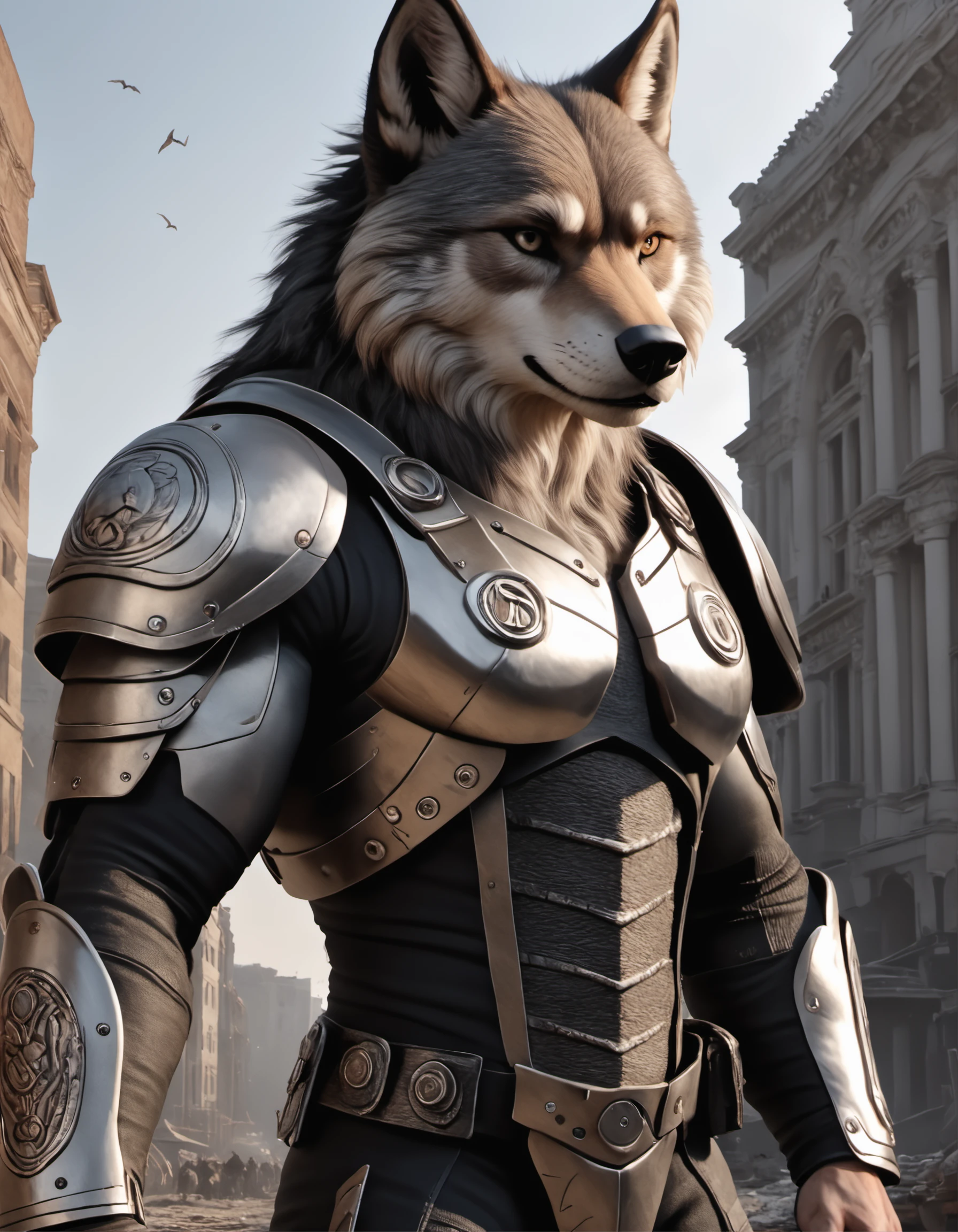 cinematic photo cinematic photo (Highest Quality, 4k, masterpiece:1.1), (realism, photorealistic:1.4), ray traced, hyper realism, soft lighting, detailed background, film grain, (detailed fur texture:1.3), BREAK ((black metal)) anthro shiba inu plays his guitar on the last day on earth ,(wearing black metal outfit),(( post-apocalyptic destroyed dieselpunk city background)) , fangs , angry, paws,(new dawn), (aurora borealis) , closeup, high quality photography, 3 point lighting, flash with softbox, 4k, Canon EOS R3, hdr, smooth, sharp focus, high resolution, award winning photo, 80mm, f2.8, bokeh . 35mm photograph, film, bokeh, professional, 4k, highly detailed . 35mm photograph, film, bokeh, professional, 4k, highly detailed, detailed, realistic, 8k uhd, high quality