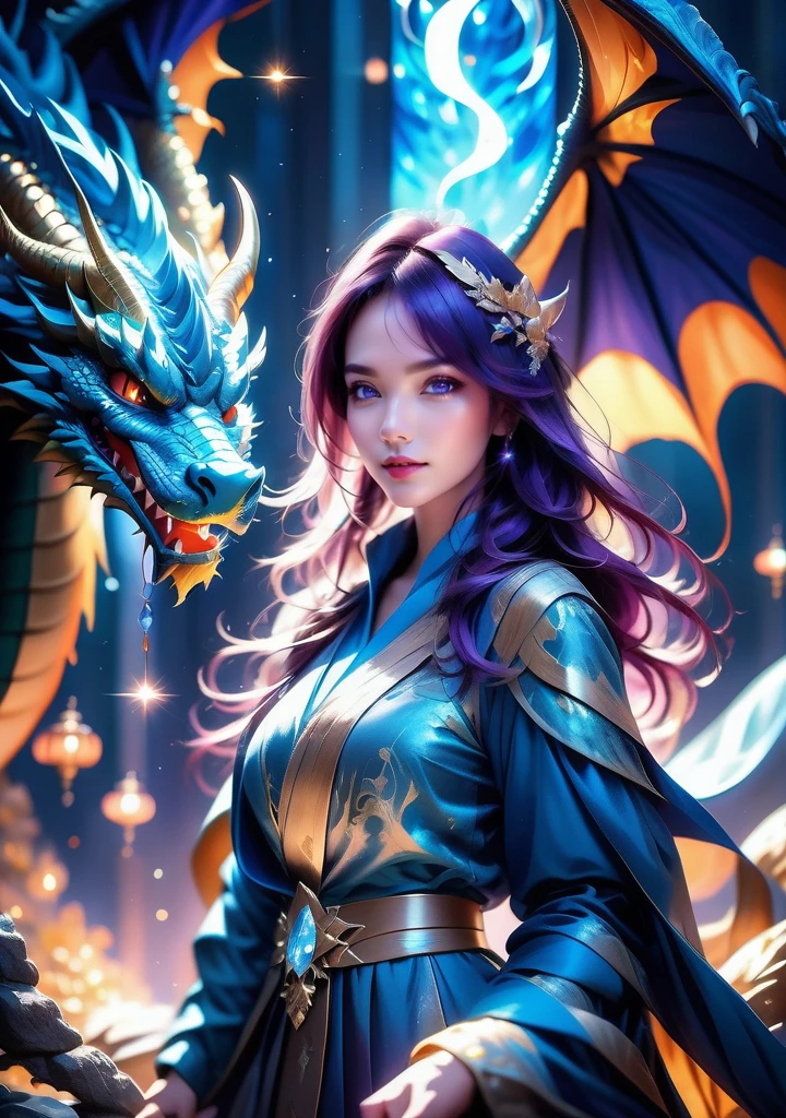 (mysterious:1.3), ultra-realistic mix fantasy,(1 giant eastern dragon:1.3) behind an asian woman holding a glowing sword,void energy diamond sword, in the style of dark azure and light azure, mixes realistic and fantastical elements, vibrant manga, uhd image, glassy translucence, vibrant illustrations, ultra realistic, long hair, straight hair, light purple hair,head jewelly, jewelly, shawls,light In eyes, red eyes, portrait, firefly, bokeh, mysterious, fantasy, cloud, abstract, colorful background, night sky, flame, very detailed, high resolution, sharp, sharp image, 4k, 8k, masterpiece, best quality, magic effect, (high contrast:1.4), dream art, diamond, skin detail, face detail, eyes detail, mysterious colorful background, dark blue themes