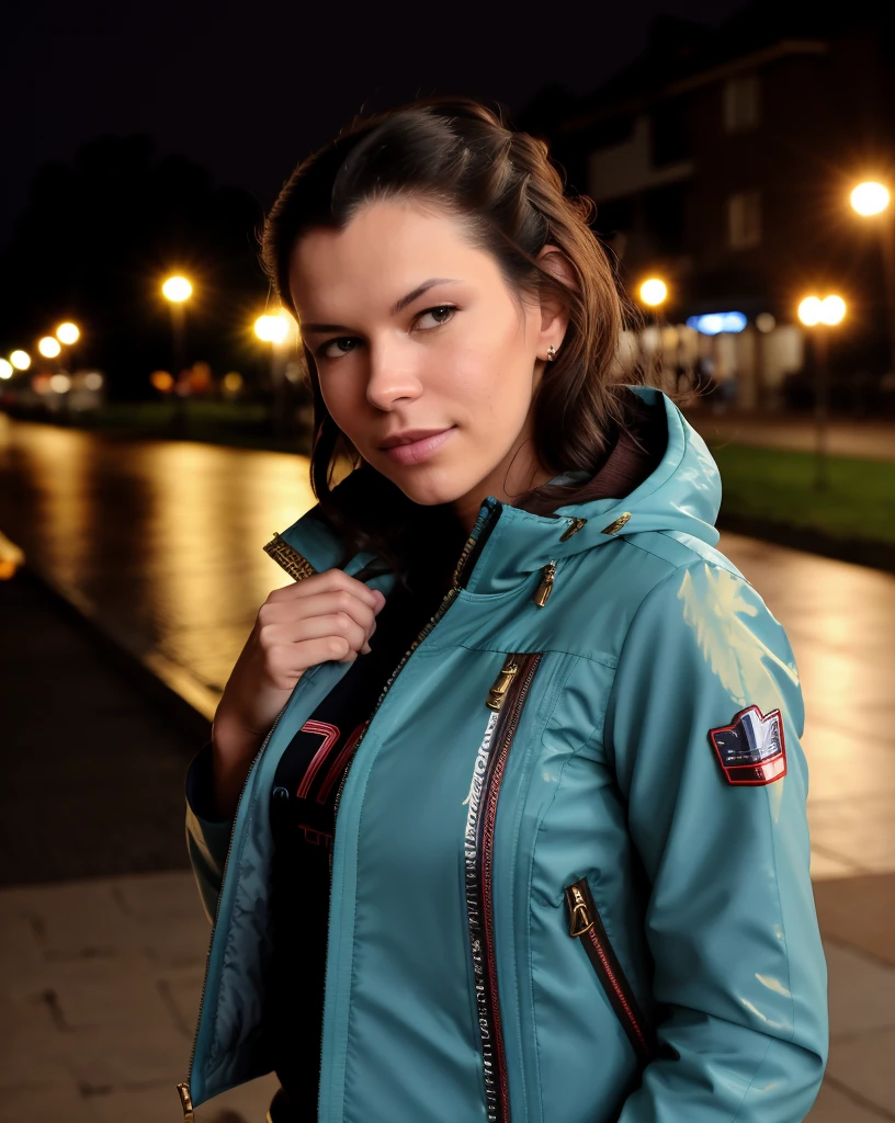 closeup portrait of SuzannaAye, wearing a jacket, looking at camera, 8k uhd, dslr, outside, reflections, atmospheric, bokeh, <lyco:SuzannaAye_SD1.5_230818:1.0>