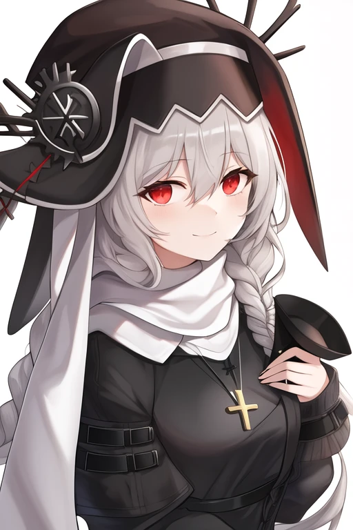 masterpiece, best quality, highres, solo, {specter_arknights:1.10}, long_hair, red_eyes, bangs, black_headwear, hair_between_eyes, smile, grey_hair, very_long_hair, white_hair, breasts, 1girl, black_dress, cross, cross_necklace, hat, long_sleeves, looking_at_viewer, necklace, official_alternate_costume, jewelry, scarf, white_scarf, dress, holding, simple_background, upper_body, white_background, braid, closed_mouth, single_braid