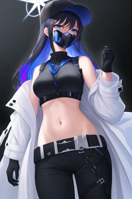 masterpiece, best quality, highres, solo, {saori_bluearchive:1.10}, long_hair, bangs, blue_eyes, breasts, halo, black_hair, hat, baseball_cap, navel, stomach, black_headwear, sleeveless, blue_hair, large_breasts, midriff, multicolored_hair, 1girl, bare_shoulders, belt, black_belt, black_mask, black_pants, black_shirt, chest_harness, coat, crop_top, harness, looking_at_viewer, mask, mouth_mask, off_shoulder, pants, shirt, sleeveless_shirt, snap-fit_buckle, underbust, white_coat, cowboy_shot, open_clothes, standing, black_gloves, gloves, jacket