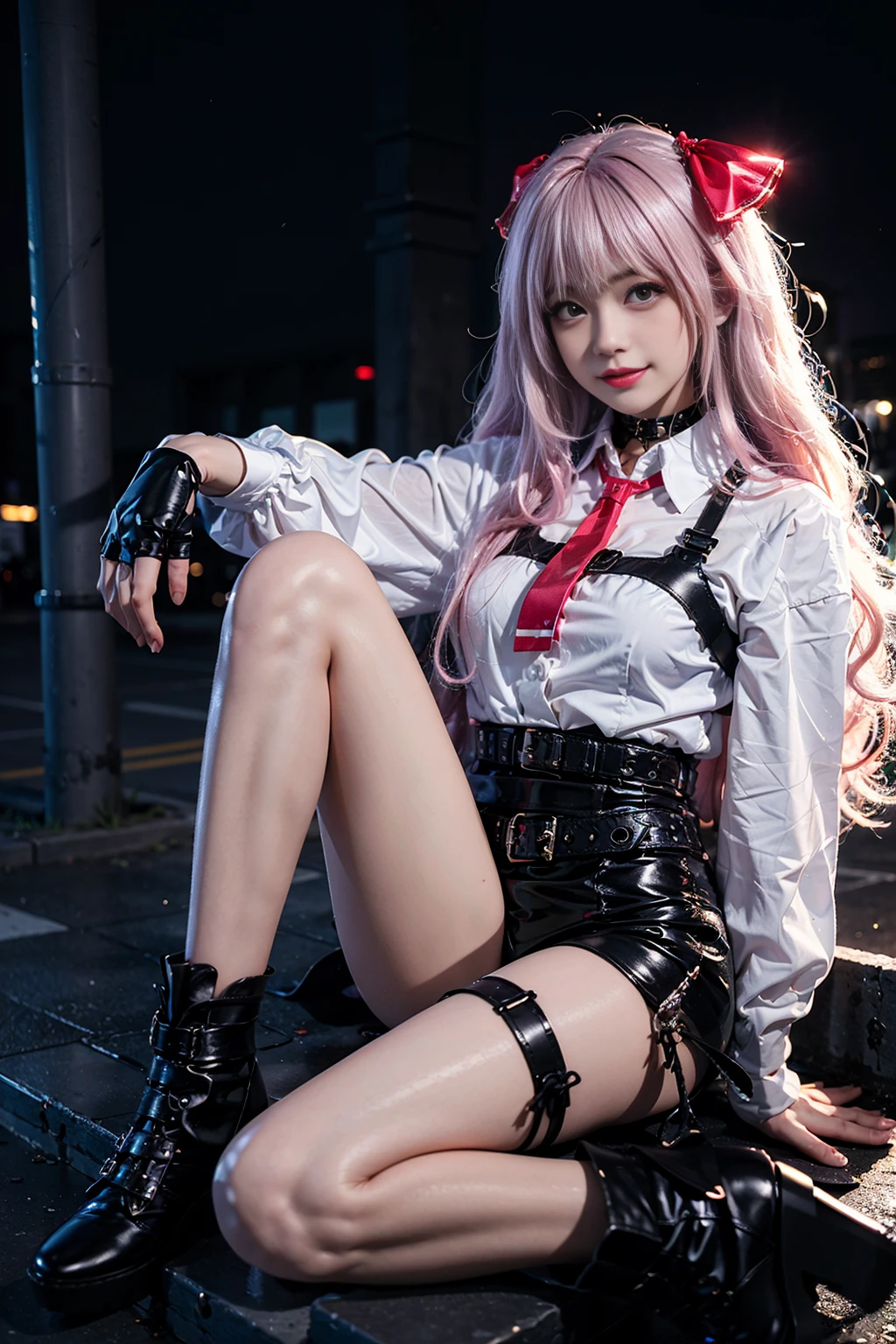 best quality, masterpiece, realistic, (photorealistic:1.4), 1girl, solo, full body, smile, yuni cosplay costume, cosplay, necktie, belt, thigh strap, fingerless gloves, black footwear, detailed background, sitting, in street, night, <lora:nikke_yuni_cosplay_costume_v1:0.65>