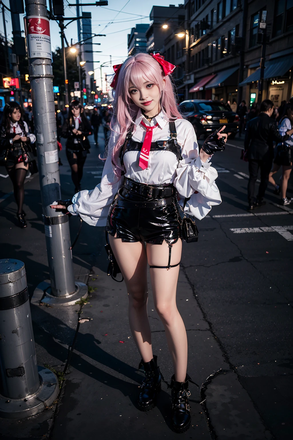 best quality, masterpiece, realistic, (photorealistic:1.4), 1girl, solo, full body, smile, yuni cosplay costume, cosplay, necktie, belt, thigh strap, fingerless gloves, black footwear, detailed background, standing, in street, night, <lora:nikke_yuni_cosplay_costume_v1:0.65>