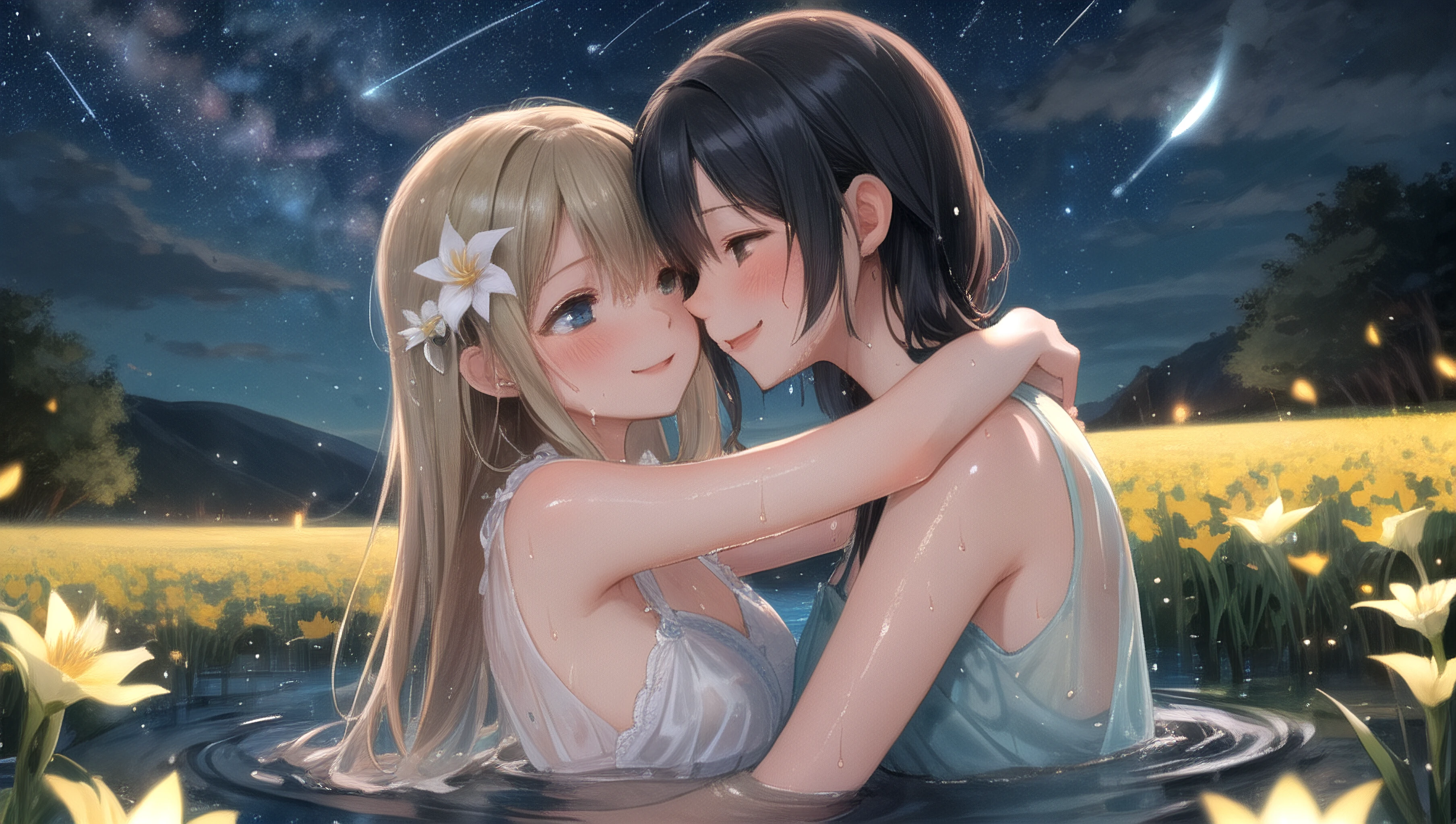 (masterpiece, best quality, absurdres, high details, perfect), 2girls, couple, yuri, alternate breast size, alternate hairstyle, alternate eye color, alternate hair length, alternate hair color, summer, night, night sky, full moon, star \(sky\), starry sky, shooting star, lake, reflective water, flower, lily \(flower\), flower field, wind, falling petals, fireflies, sundress, hug, happy, smile, eye contact, upper body, sexually suggestive, wading, wet, wet hair, wet clothes, shiny skin, see-through, see-through dress, wariza,