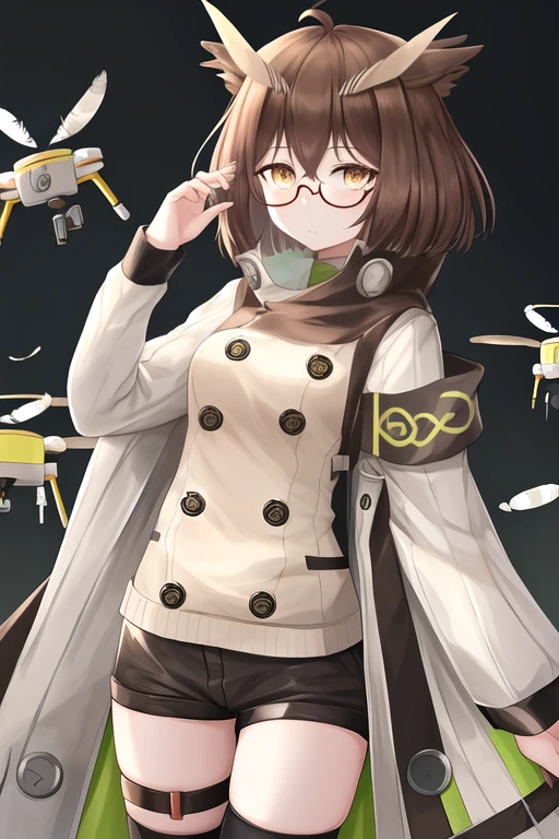 masterpiece, best quality, highres, solo, {silence_arknights:1.10}, brown_hair, short_hair, glasses, feather_hair, bangs, hair_between_eyes, owl_ears, brown_eyes, yellow_eyes, 1girl, black_thighhighs, cowboy_shot, single_thighhigh, thigh_strap, thighhighs, armband, buttons, long_sleeves, looking_at_viewer, test_tube, vial, feathers, holding, id_card, black-framed_eyewear, drone