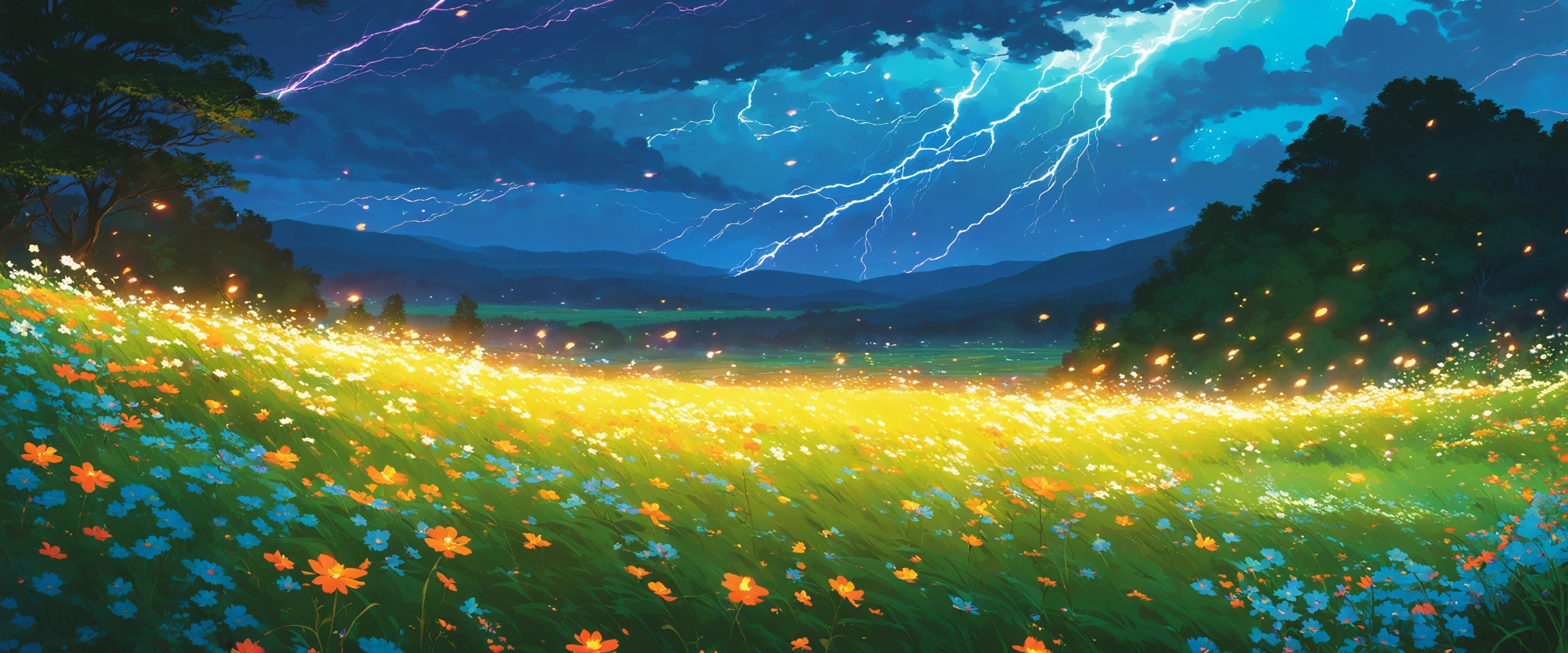 (<Close View|Open View>:1.2) <POV|Fisheye|Abstract View>, landscape, wildflower meadow, colorful flowers, fireflies, clouds hugging ground, Storm front, Brooding Storm
(art by Makoto Shinkai, MTG, Ilya Kuvshinov:0.1)
(Flowing Composition:1.3), Luster, Vibrant, Dynamic Lighting, Polished, Studio Illustration, Dynamic Lighting, Professional