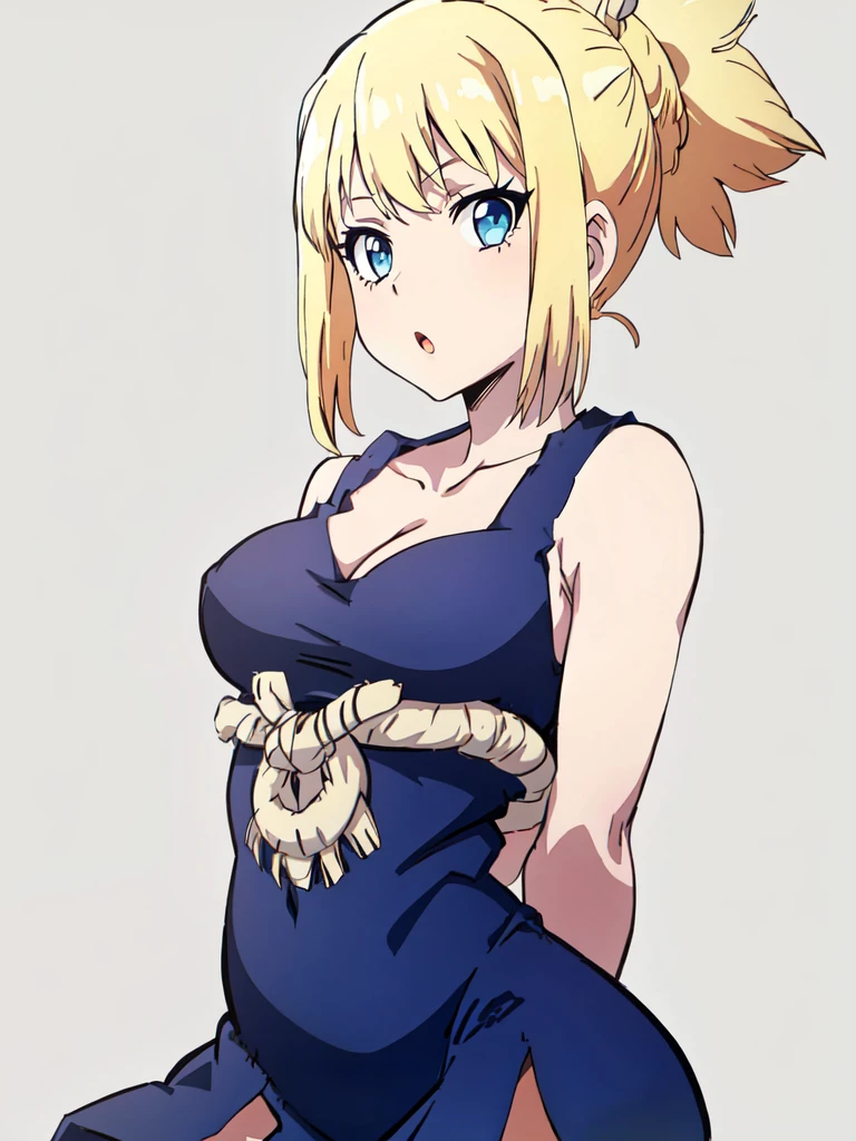 1girl, solo, kohaku, blonde hair, hair bun, looking at viewer, blue eyes, ponytail, sleeveless, dress, cleavage, <lora:kohaku-ALK:1>, contrapposto, thick thighs, simple background, upper body, :o, arms behind back