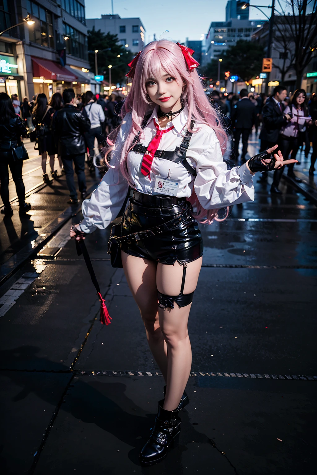 best quality, masterpiece, realistic, (photorealistic:1.4), 1girl, solo, full body, smile, yuni cosplay costume, cosplay, necktie, belt, thigh strap, fingerless gloves, black footwear, detailed background, standing, in street, night, <lora:nikke_yuni_cosplay_costume_v1:0.65>