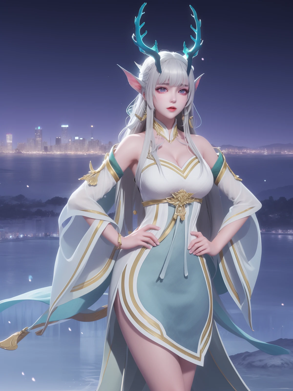 WZRYxishiYLQY, 1girl, long hair, solo, dress, detached sleeves, white hair, horns,mature female, cityscape, night, looking at viewer, cowboy shot, <lora:WZRYxishiYLQYii:0.75>,purple eyes, hand on hip,