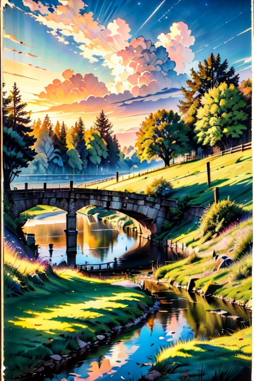 (masterpiece:1.2),(best quality), (ultra detailed), (8k, 4k, intricate, (highly detailed:1.2),(detailed background),(detailed landscape) <lora:more_details:0.5> <lora:light:0.7>neolight outdoors, sky, cloud, tree, traditional media, grass, scenery, sunset, fence, railing, sun, bridge, yellow sky