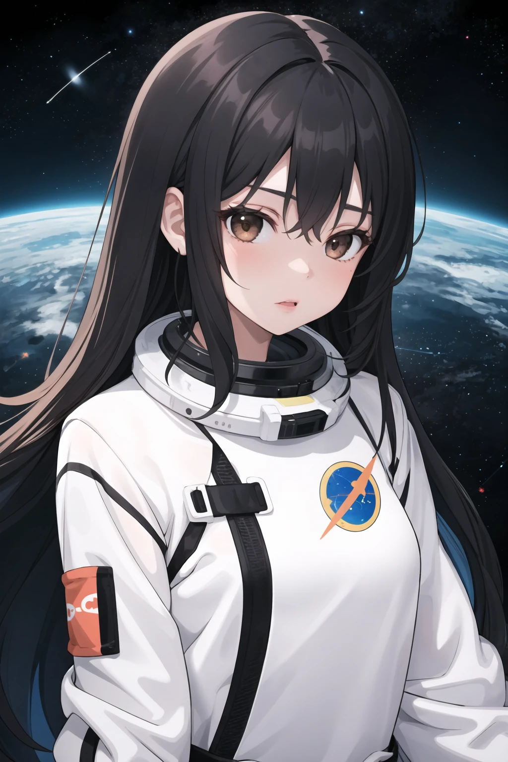 best quality, 1girl, spacesuit, long black curly hair, brown eyes, outer space, vibrant colors, dark void