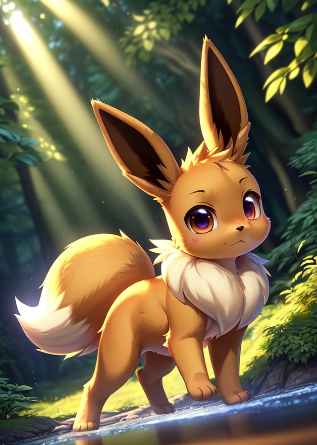 uploaded on e621, ((by Makoto Shinkai, by Jessie Willcox Smith, by Castitas))
solo ((chibi quadruped feral eevee)), (three-quarter portrait),
((detailed fluffy fur)), (sunny day forest, sunlight, plant, water, leaf),
BREAK,
((action pose at darkforest with glowing plant)), ((purple and yellow lighting)),
(masterpiece, best quality, ultra realistic, 4k, 2k, (high detail:1.35), film photography,
(3d \(artwork\):1.1), blender \(software\), sharp focus, ray tracing, (unreal engine:1.2),
RAW photo, photorealistic, analog style, subsurface scattering, photorealism, absurd res)