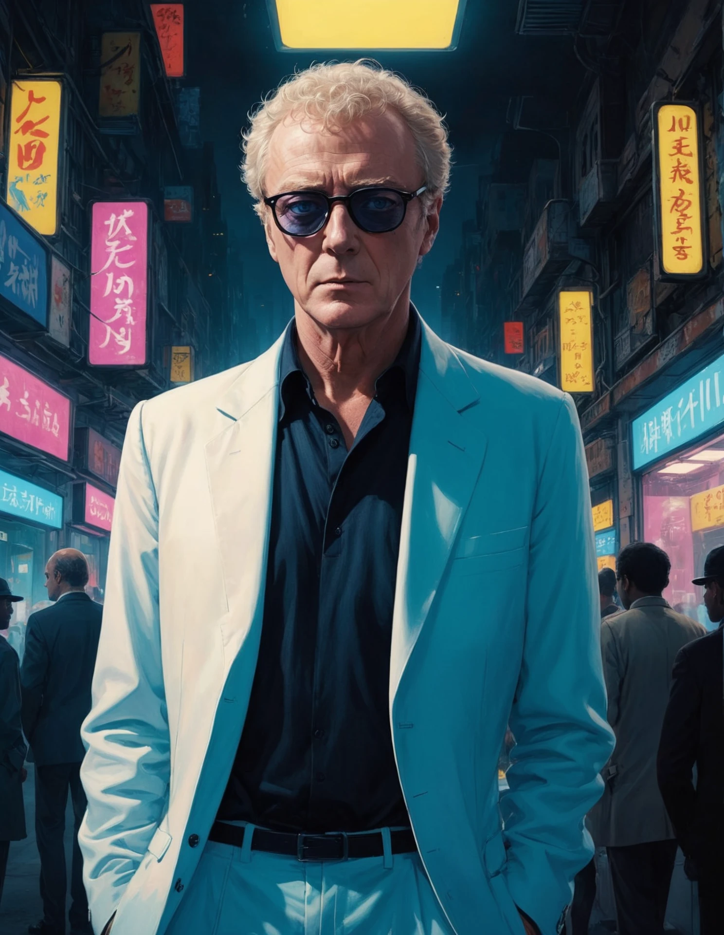 breathtaking Michael Caine is hesitant in Sudan, low key at an underground party, casual clothing, pastels, futuristic Neon cyberpunk synthwave cybernetic Henri Fantin Latour and by Takeshi Obata . award-winning, professional, highly detailed