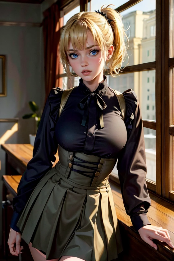 (masterpiece:1.4),(best quality:1.4),(absurdres:1.4),pin-up,	<lora:ANIME_Zenith_aiwaifu-10:0.45>>,	Zenith_aiwaifu,blonde hair,ponytail,blue eyes,short hair,large breasts,bangs,parted bangs,skirt,ribbon,shirt,long sleeves,neck ribbon,fur trim,black ribbon,corset,red shirt,suspenders,collared shirt,dress,long skirt,pleated skirt,suspender skirt,		(absurdres, highres, incredibly_absurdres:1.4),scenery,masterpiece,