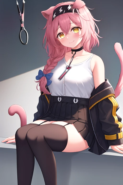 masterpiece, best quality, highres, solo, {goldenglow_arknights:1.10}, animal_ears, cat_ears, pink_hair, long_hair, hairband, yellow_eyes, cat_girl, bow, bangs, braid, hair_bow, black_hairband, tail, cat_tail, blue_bow, floppy_ears, blush, smile, closed_mouth, breasts, hair_between_eyes, 1girl, black_skirt, id_card, jacket, long_sleeves, looking_at_viewer, open_clothes, open_jacket, shirt, single_braid, skirt, thighhighs, white_shirt, white_thighhighs, zettai_ryouiki, choker, garter_straps, high-waist_skirt, black_choker, feet_out_of_frame, scissors, sitting