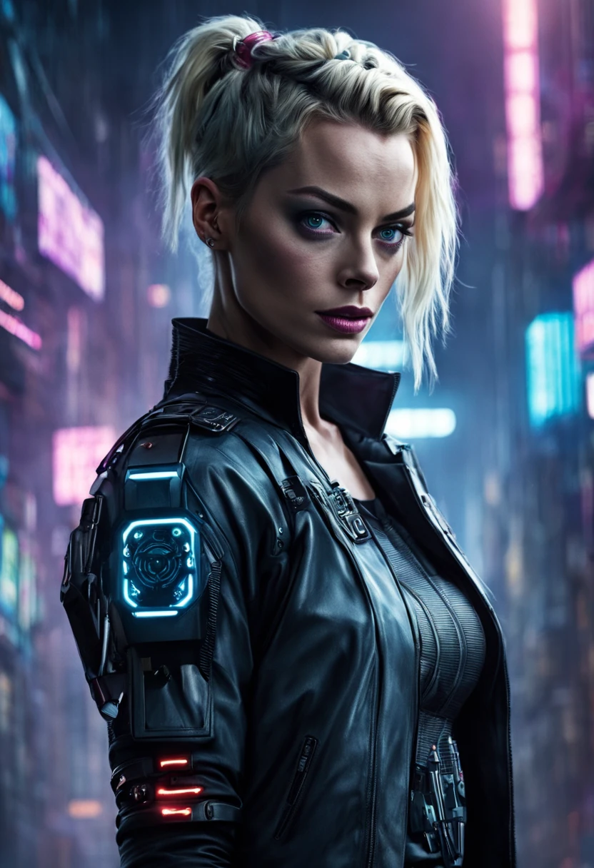 ((margot robbie)) as a cyberpunk netrunner, portrait, cyberpunk, synthwave, drive, shadowrun, blade runner, neon tokyo, ((3d render)), high quality, masterpiece, intricate detail