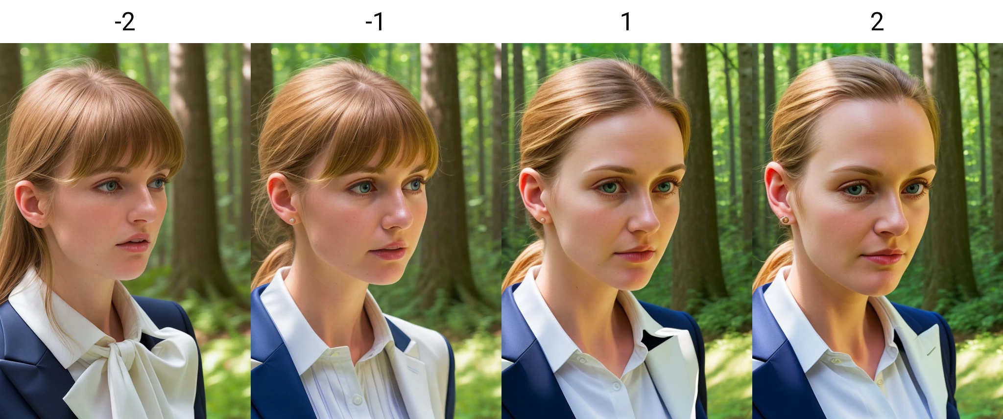 white woman, close-up, forest, black suit, formal, looking at viewer, low sharpness<lora:forehead_slider_v2:-2>
